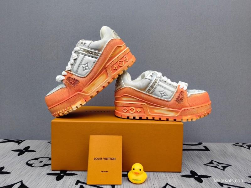 2025 Unisex Louis Vuitton Orange White Denim Leather Plimsolls Complex Wash KFY00510