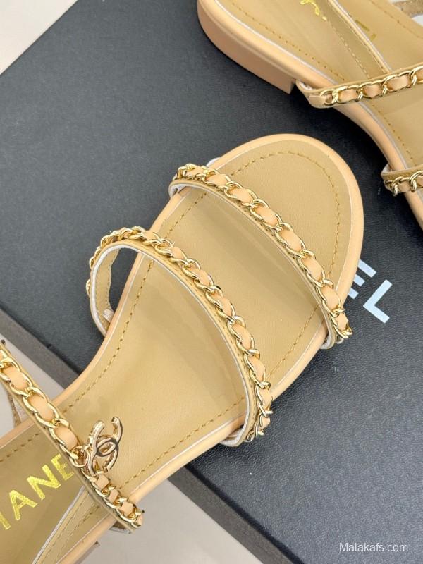 2025 Women Chanel Beige Leather Sandals KFY00270