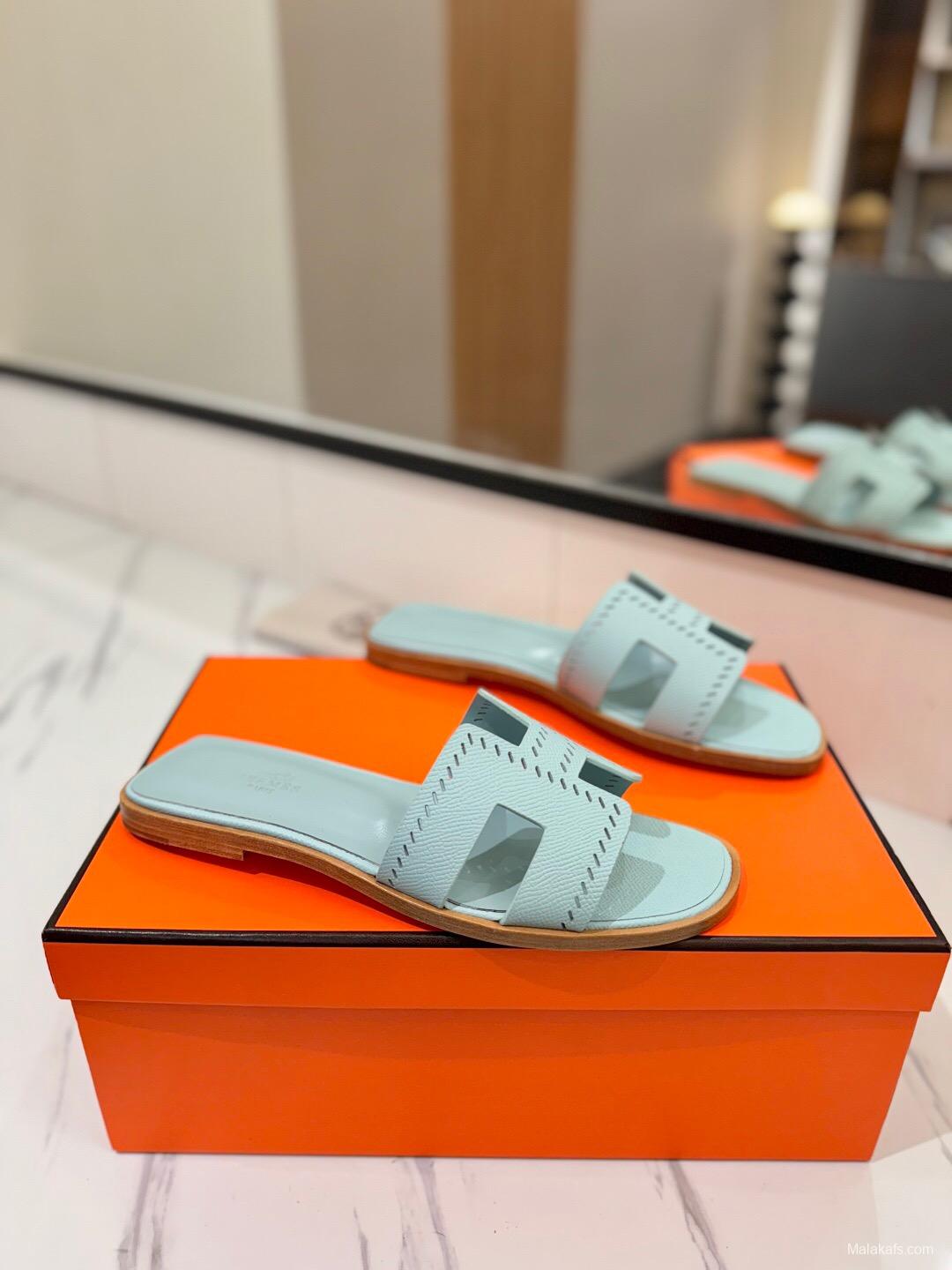 2025 Women Hermès Light Blue Leather Slippers