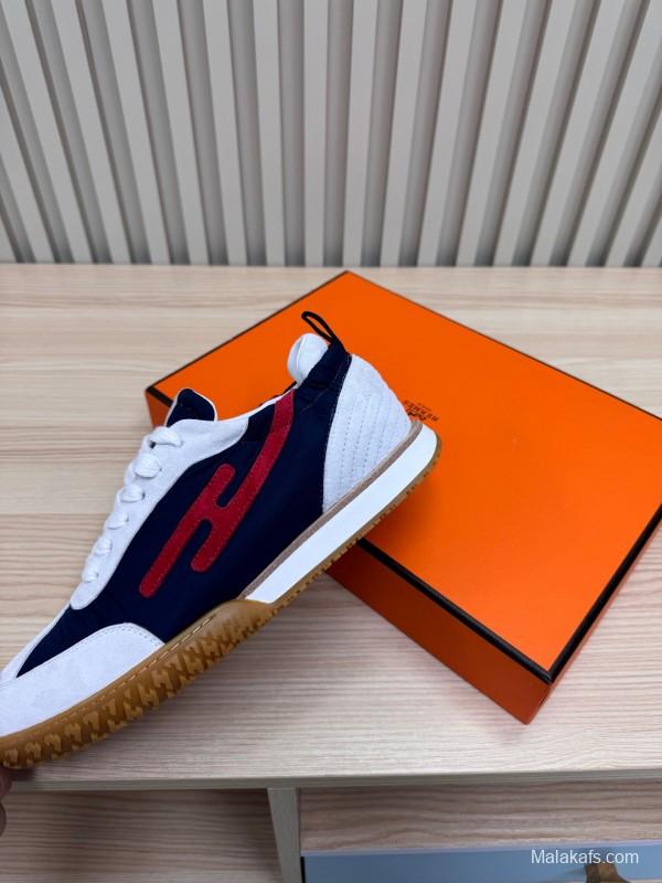 2025 Unisex Hermès White Navy Red Suede Down Fabric Sneakers Top Version LY00310