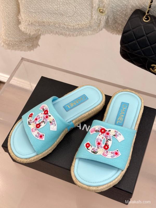 2025 Slippers Chanel Light Blue Fabric Women Embroidered Floral CC Logo KFY00230