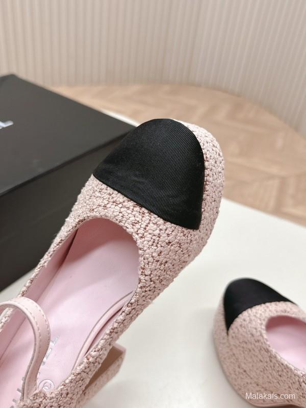 2025 Women Chanel Pink Black Wool Platform Mary Jane KFY00330
