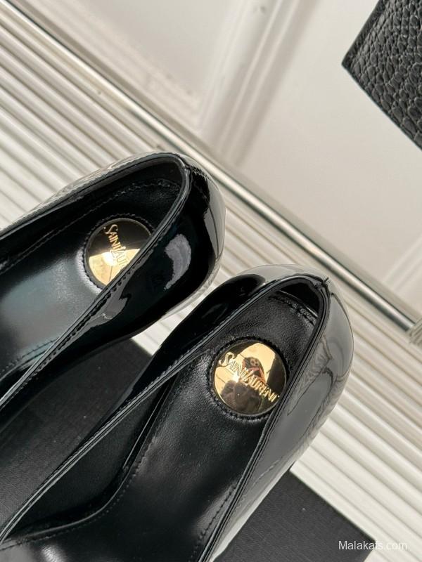 2024 Women Yves Saint Laurent Black Gold Patent Leather High Heels MJ00330
