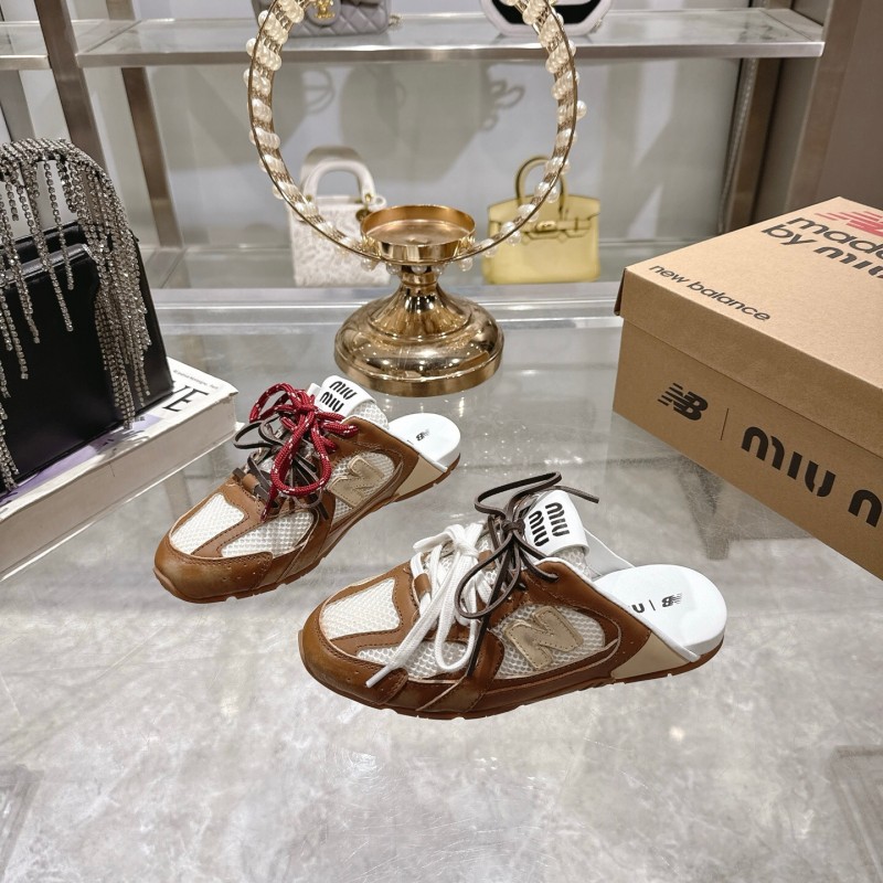 2025 Women Miumiu Brown White Leather Mesh Sneakers