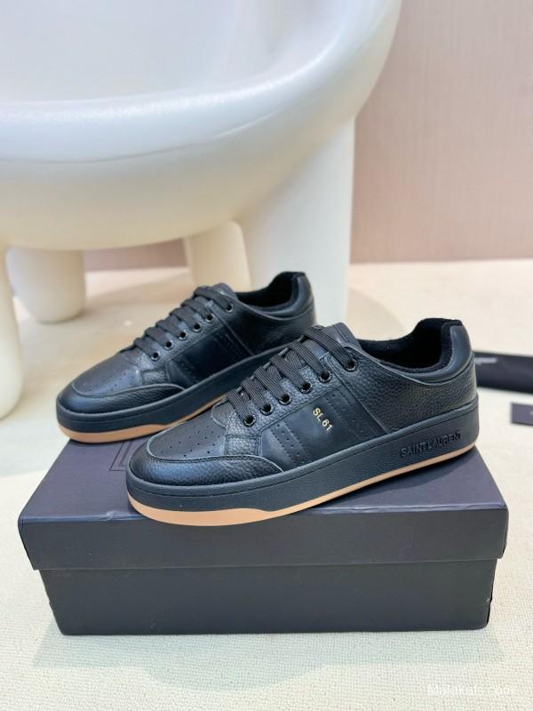 2024 Unisex Yves Saint Laurent Black Silk Grain Leather SL61 Casual Series Perforated MJ00350