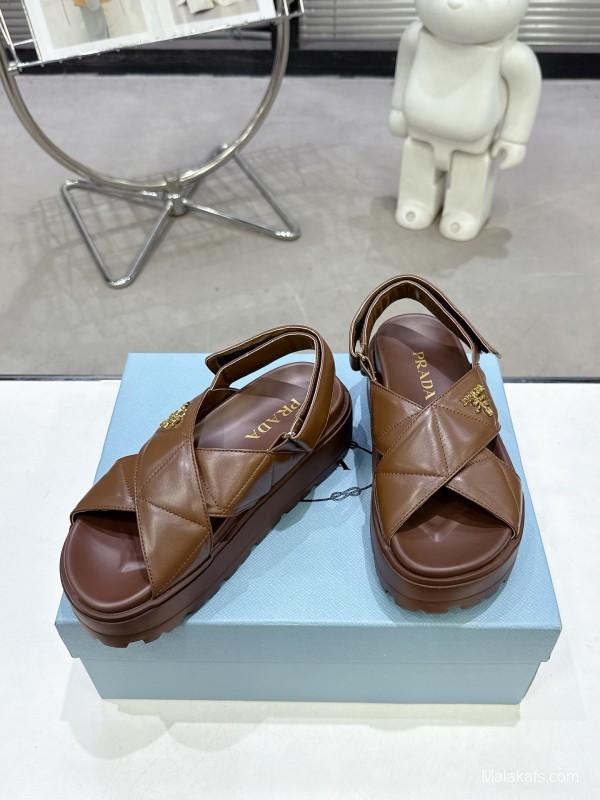 2025 Women Prada Brown Leather Sandal