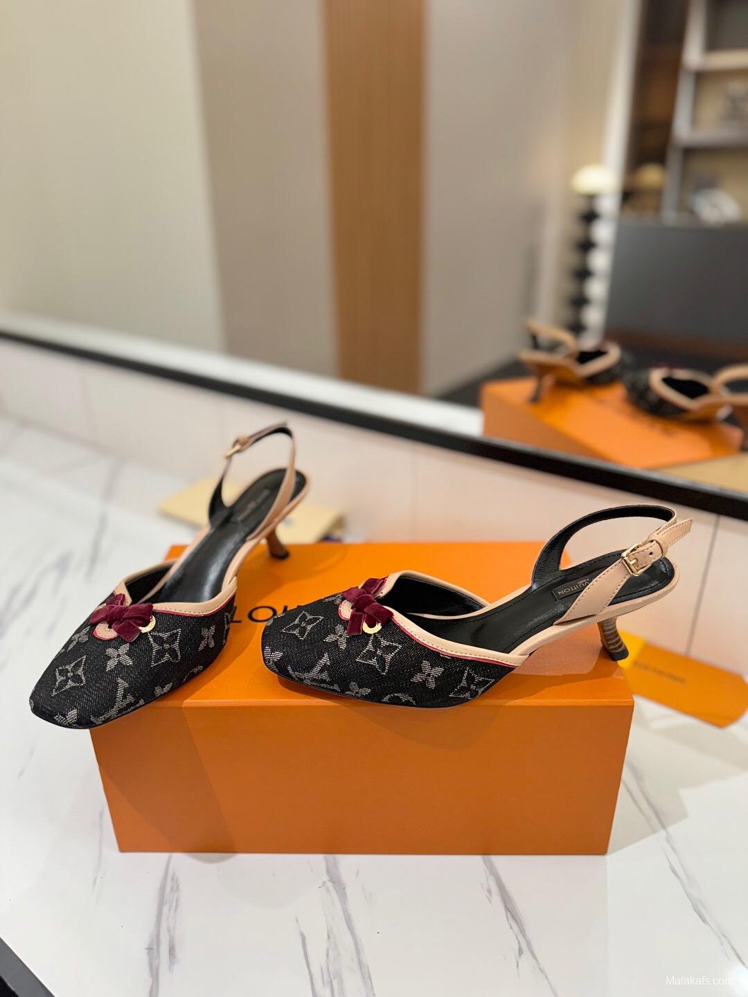 2025 Women LV Black Pink Denim Leather Slingback Heels KFY00310