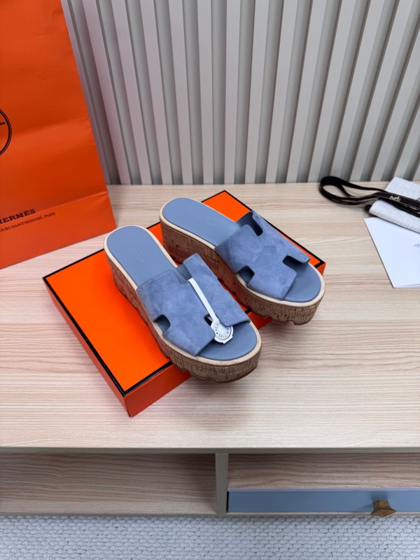 2025 Women Hermès Blue Suede Slippers