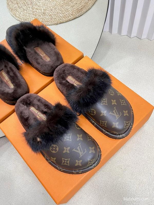 2024 Slippers Louis Vuitton Brown Leather Mink Fur Slippers MJ00340