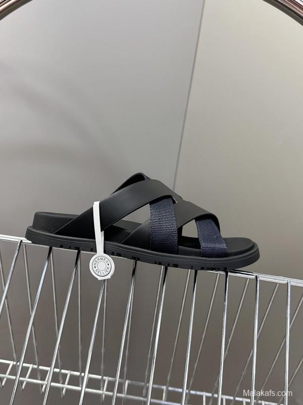 2025 Unisex Hermès Black Leather Fabric Slippers