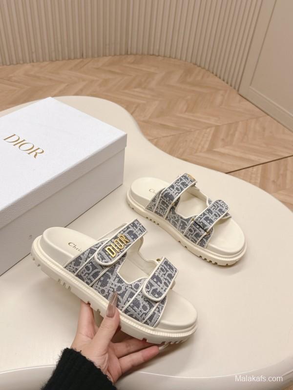 2025 Women Dior Gray Canvas Leather Sandals LY