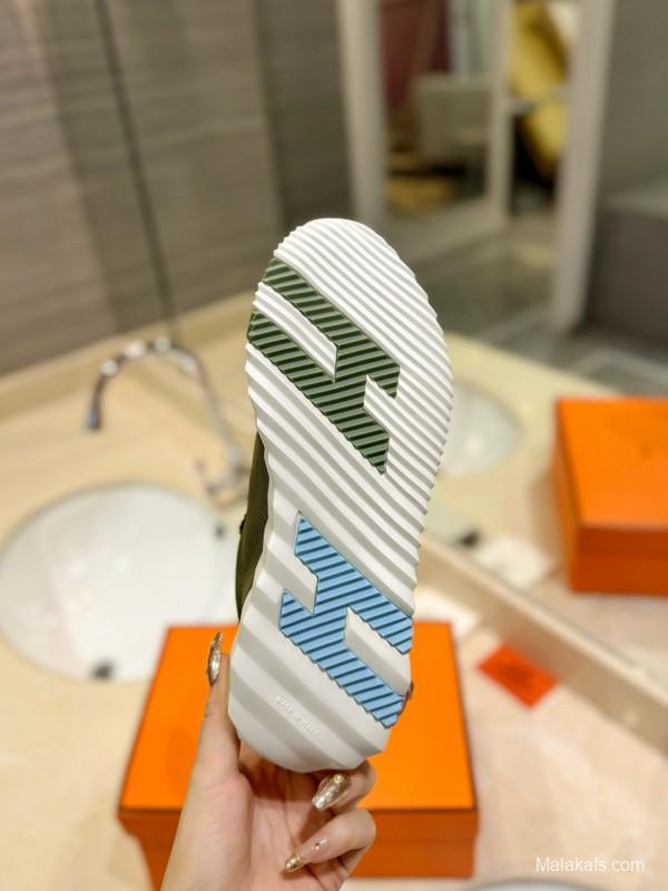 2024 Unisex Hermès Green Khaki Imported Silk Leather Sneakers MJ00320