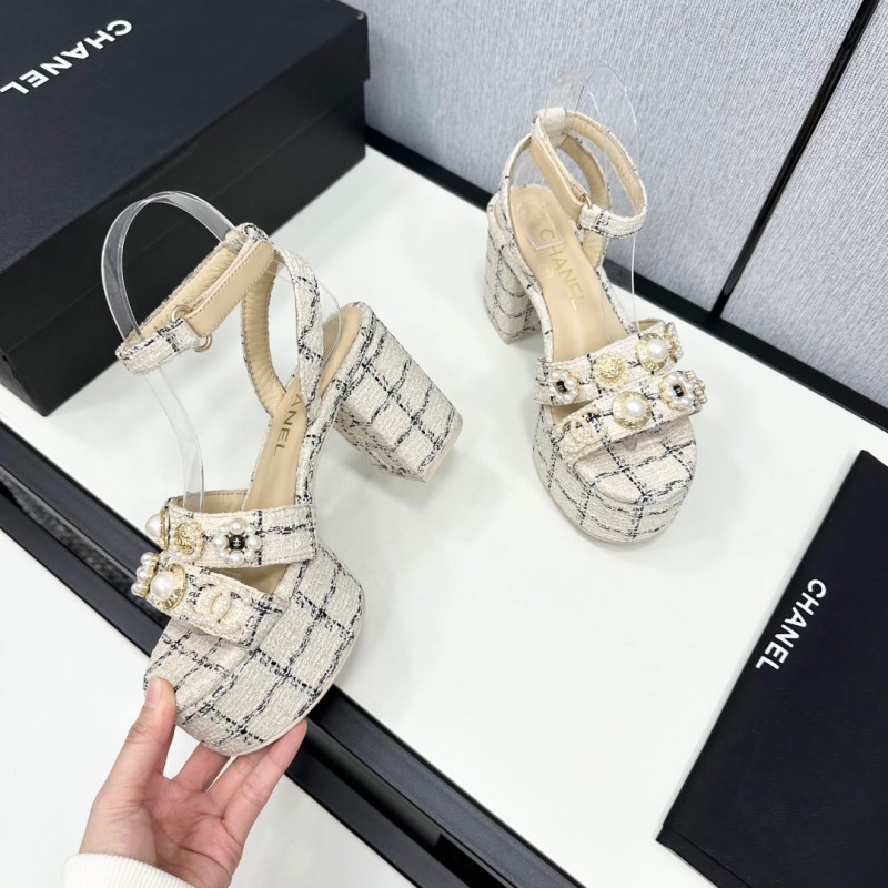 2025 Women Chanel Beige Black Tweed Platform Sandal KFY00310