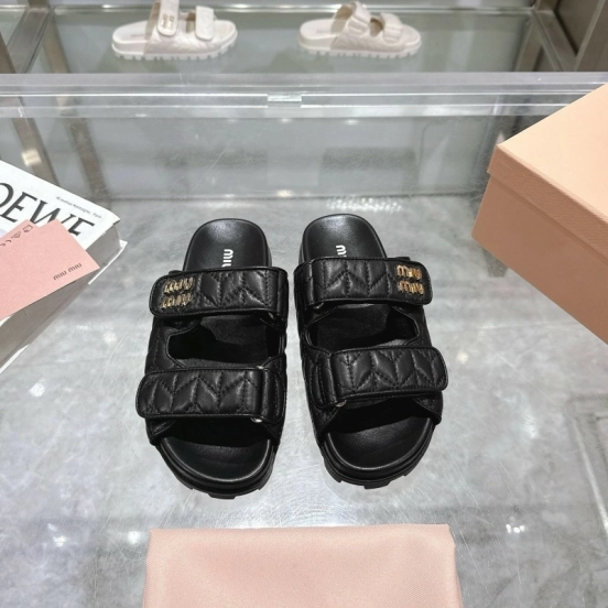 2025 Women Miu Miu Black Leather Slide Sandals