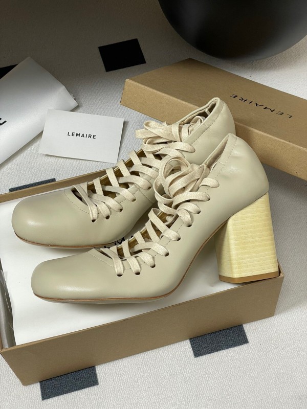 2025 Women Lemaire Ivory Leather Round Toe Block Heel Lace Up KFY00310