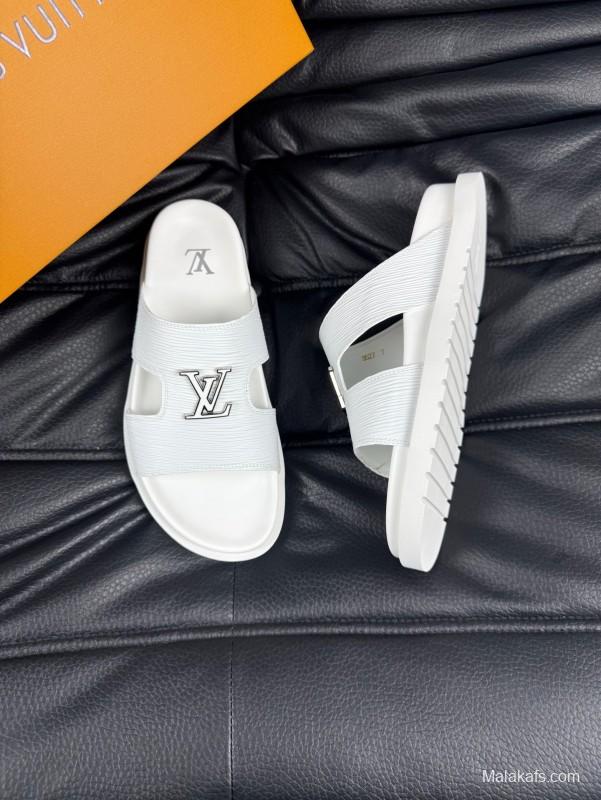 2025 Men Louis Vuitton White Leather Slippers AS00170