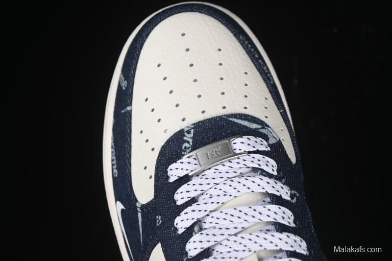 Nike Air Force 1 '07 Low Supreme Collaboration Blue Denim White Swoosh Casual Sneakers - LW9279-005