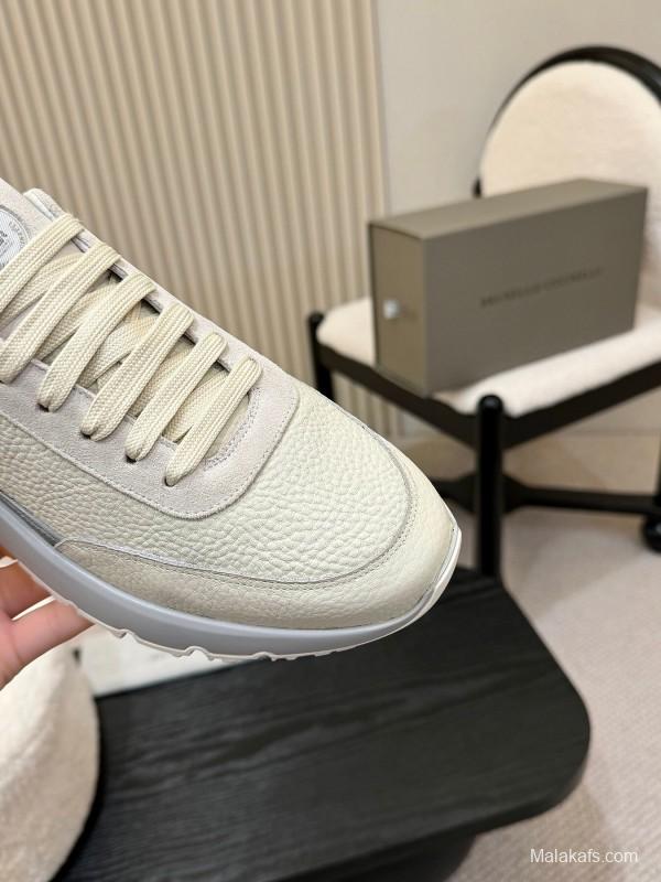 2025 Men Brunello Cucinelli Black Ivory Blue Almond Calfskin Leather Sneakers AS00320