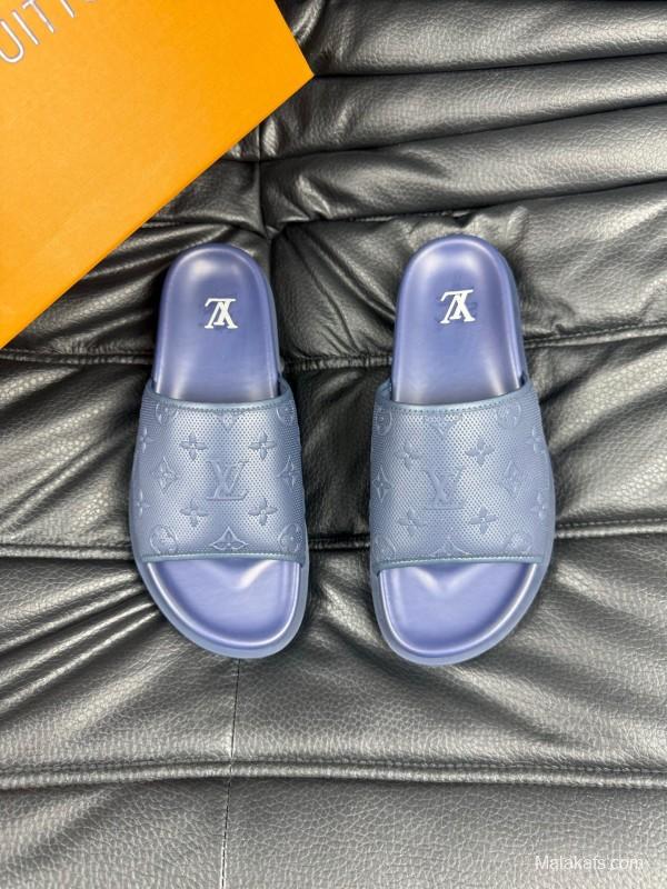 2025 Men Louis Vuitton Blue Leather Slippers AS00170