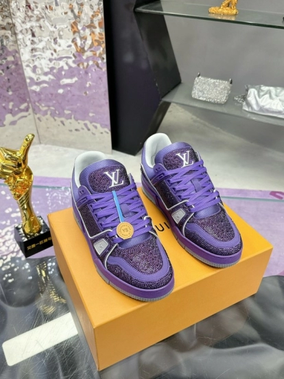 2025 Women Louis Vuitton Purple Blue Leather Plimsolls Handcrafted Rhinestone AS00400