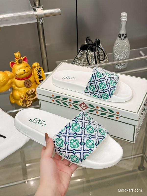 2025 Men CASA BLANCA White Green Blue Embroidered Leather Slippers KFY00160