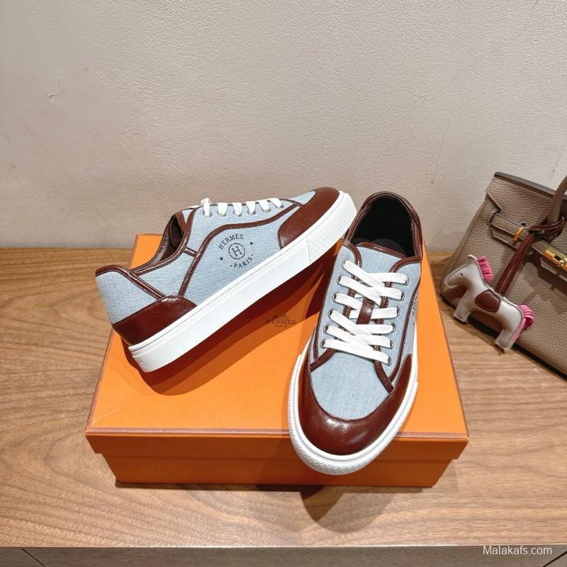 2025 Unisex H Brown Blue Leather Knit Sneakers AS00380