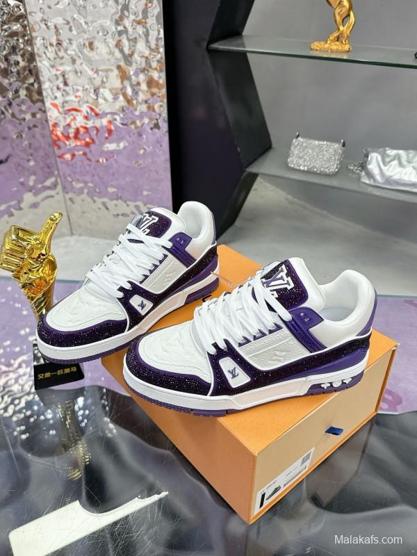 2025 Unisex Louis Vuitton White Purple Leather Denim Plimsolls Handmade Beaded AS00400