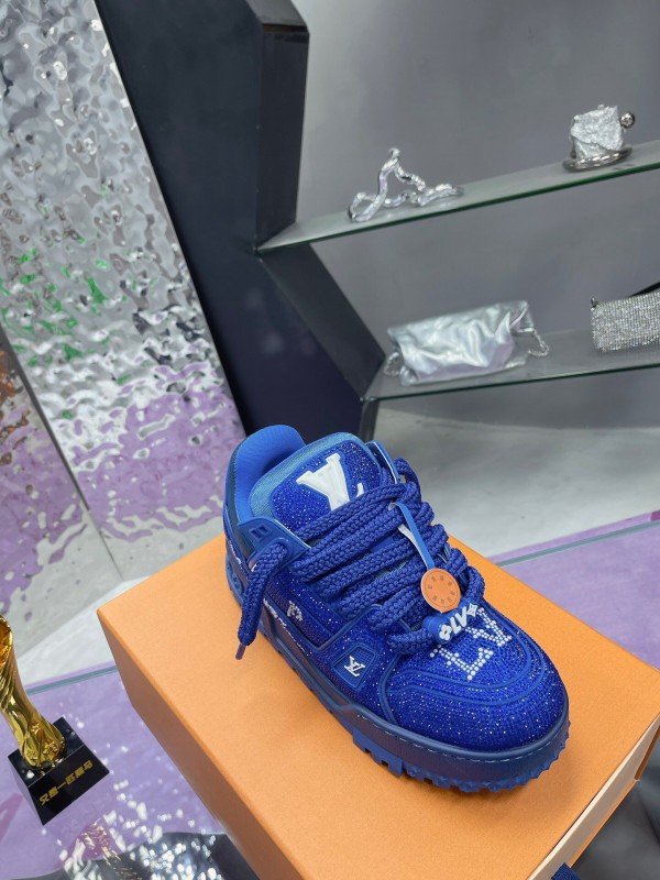 2025 Women Louis Vuitton Blue Crystal Trainer Original Custom Bing Bing Luxury Crystal Rhinestone High Temperature Hot Pressing TPU Sole AS00420