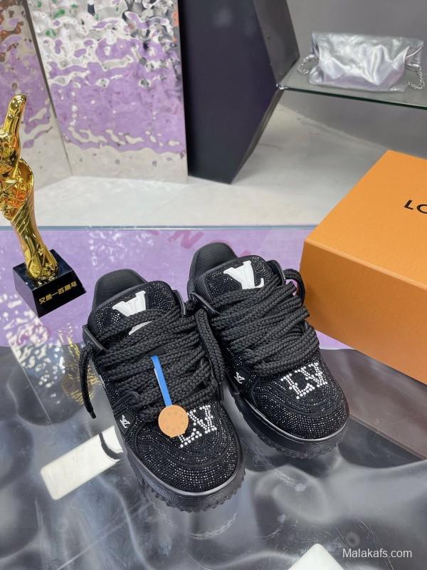 2025 Women Louis Vuitton Black Crystal Trainer Leather Plimsolls Bing Bing AS00420