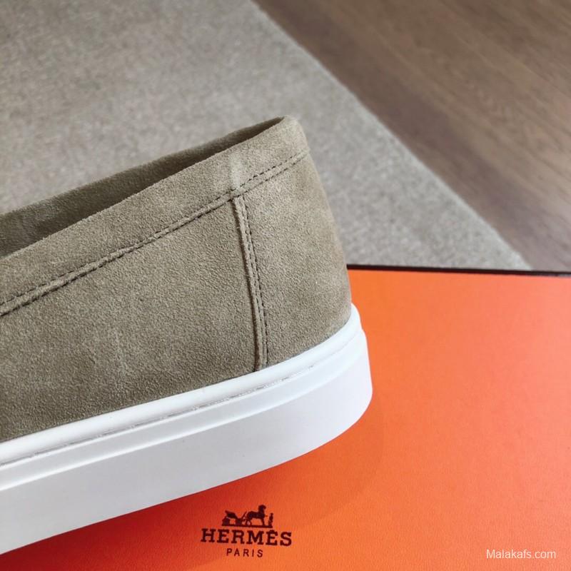 2025 Unisex Hermès Khaki Suede Leather Loafers AS00380