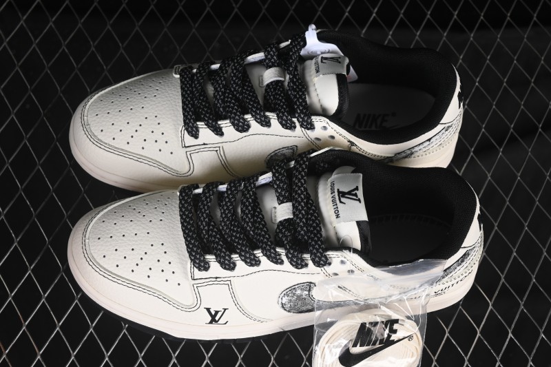 Nike SB Dunk Low LV Collaboration Beige Black Denim Swoosh Anniversary Custom Low-Top Skate Shoes - JP1628-027