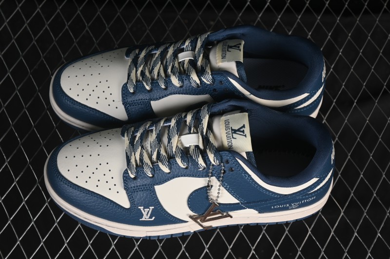 Nike SB Dunk Low LV Collaboration Light Gray Navy Blue High-End Custom Low-Top Casual Skate Shoes - SC0601-477