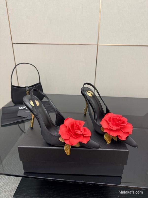 Saint Laurent 2025 SS Rose Thorn High Heels with Sculptural Gold Heel - KFY00320