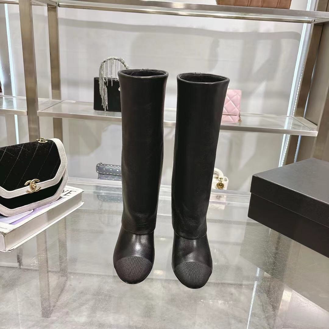 Chanel 2025/SS Autumn Winter Runway Turn-Cuff Block Heel Straight Tube Boots Classic Color Block - LY00510
