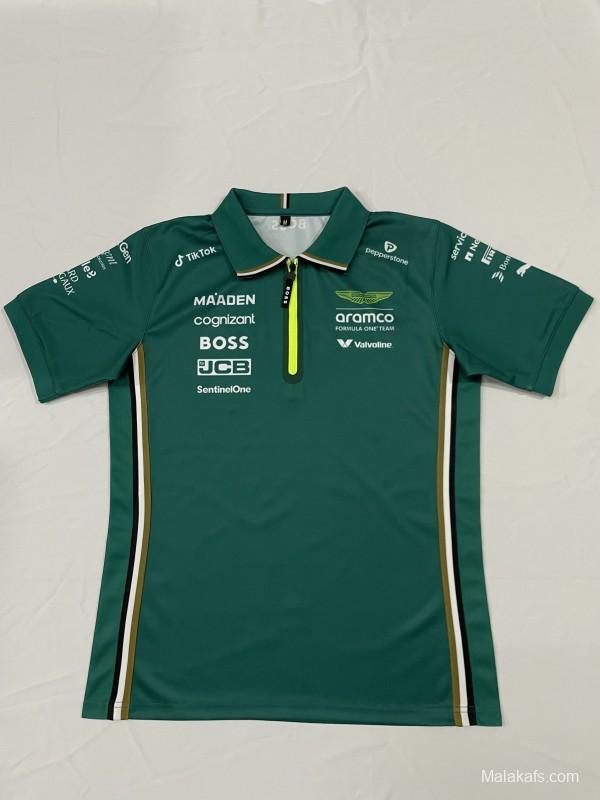 2025 F1 Aston Martin Aramco F1 Team Dark Green with Yellow Zipper Polo