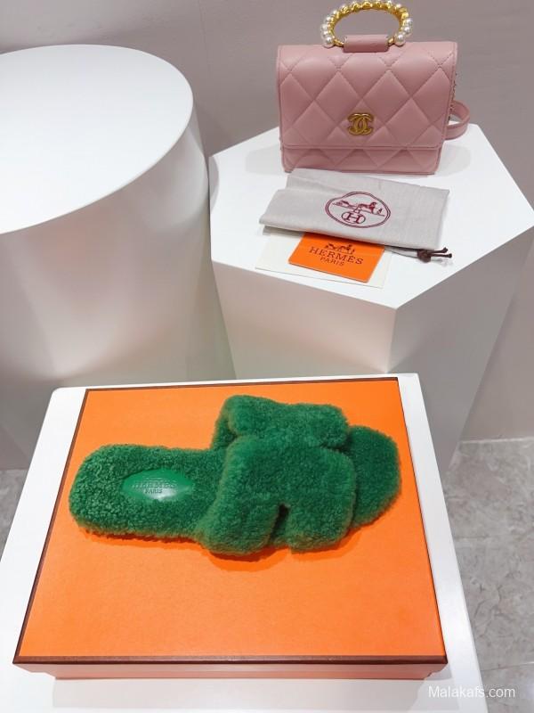 H Teddy Wool H Slippers Flat Sole Fur Slippers - LY00240