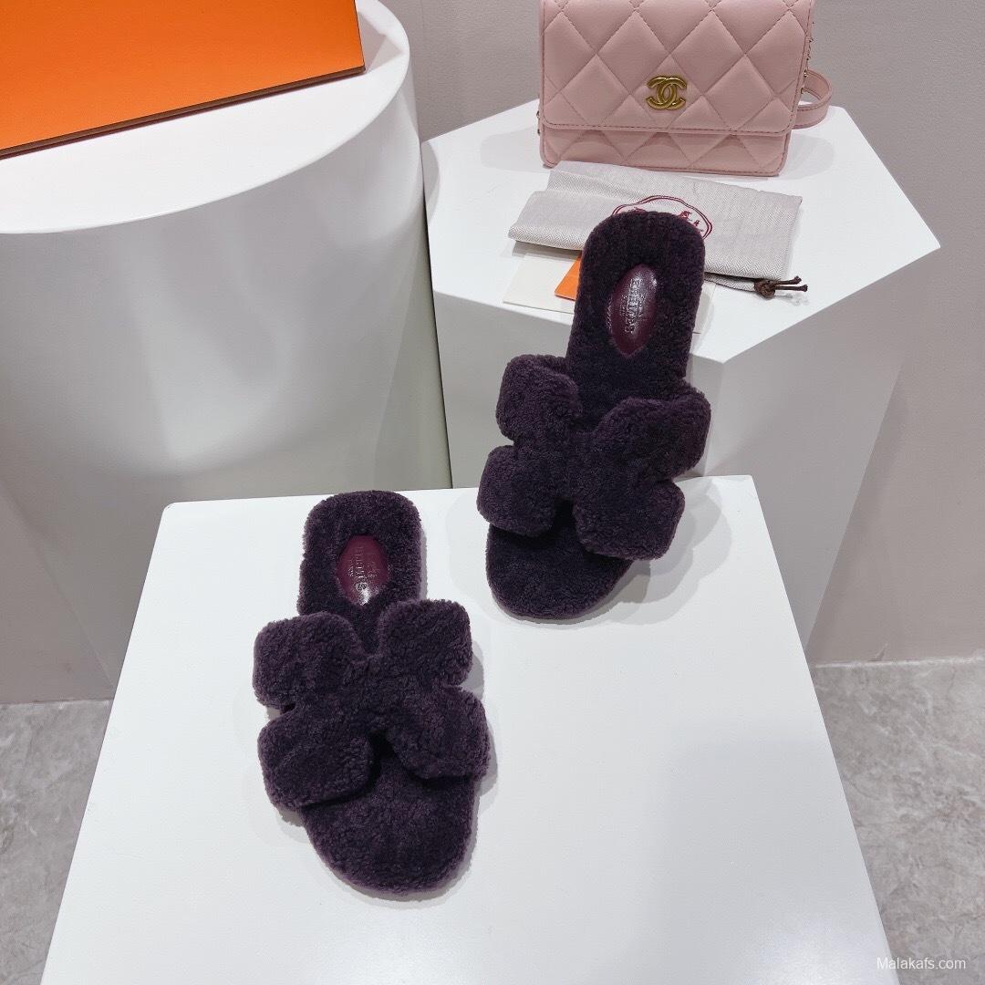 H Teddy Wool H Slippers Flat Sole Fur Slippers - LY00240