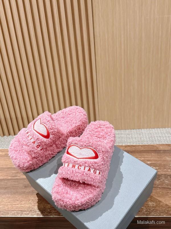 Balenciaga 2025 SS Qixi Limited Series Letter Embroidery Platform Shearling Slippers - AS00200