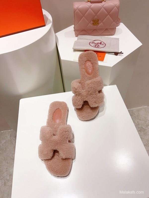 H Teddy Wool H Slippers Flat Sole Winter Edition - LY00240