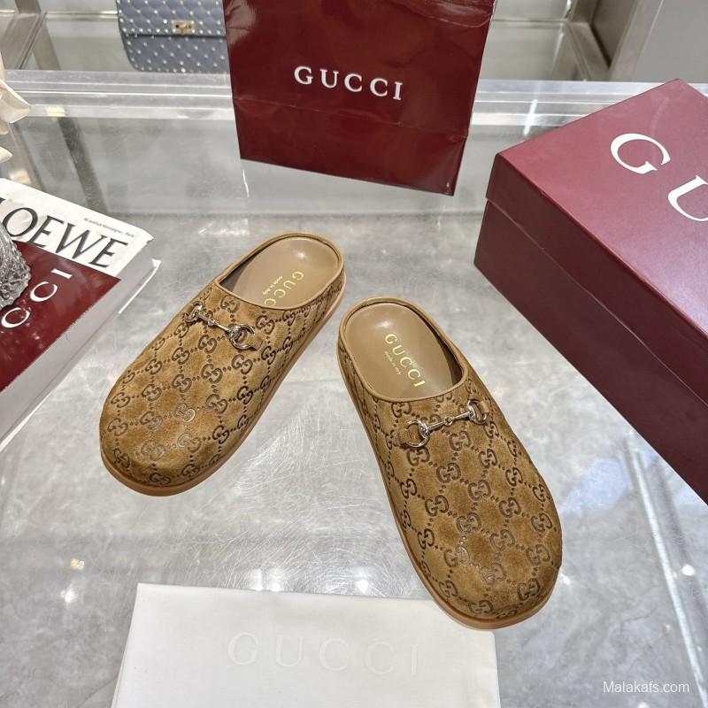 Gucci Camel Suede GG Embossed Horsebit Mule Sandals - LY00240