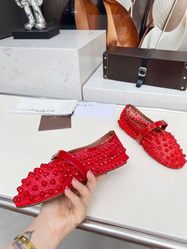 Alaia 2025/SS Beaded Openwork Ballet Dance Shoes with Mixed Lamb Leather Insole and 0.8CM Inner Height - LY00280