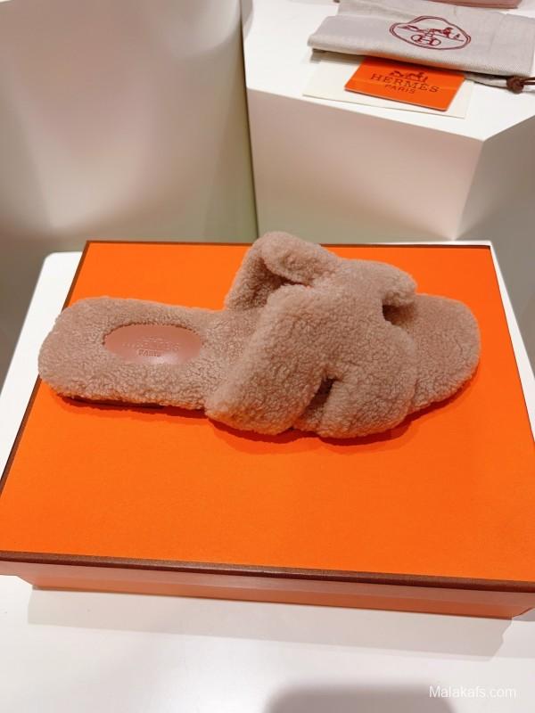 H Teddy Wool H Slippers Flat Sole Winter Edition - LY00240