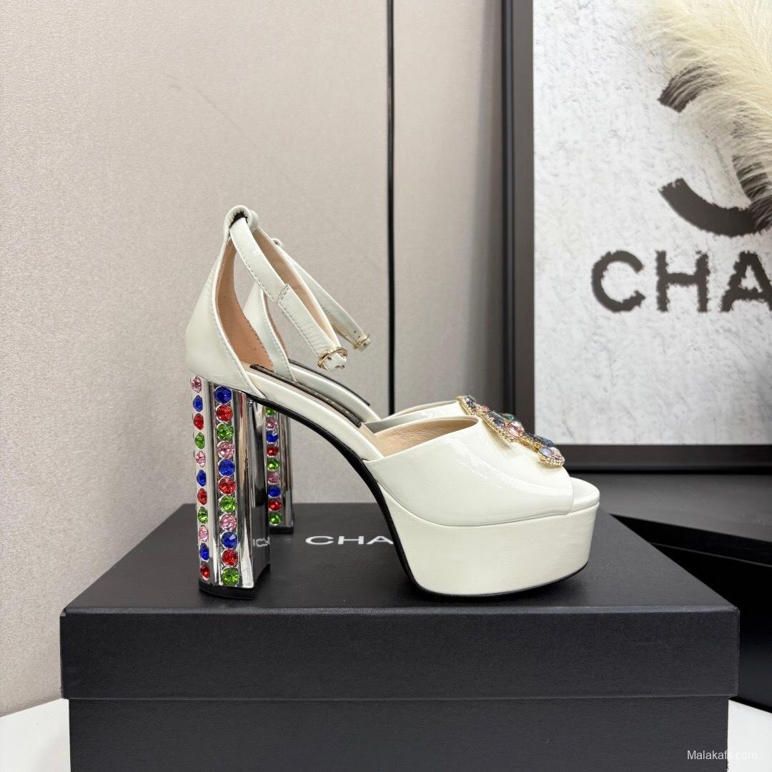 Chanel 2025/SS Glamorous Rhinestone Chunky Heel Platform Strappy Sandals - KFY00350