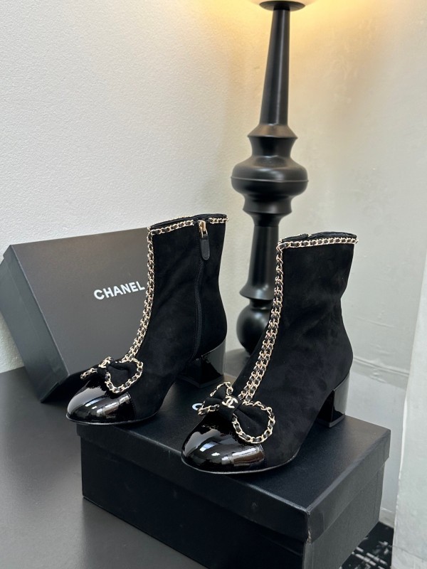 Chanel 2025 SS Chain Bow Chunky Heel Ankle Boots - LY00370