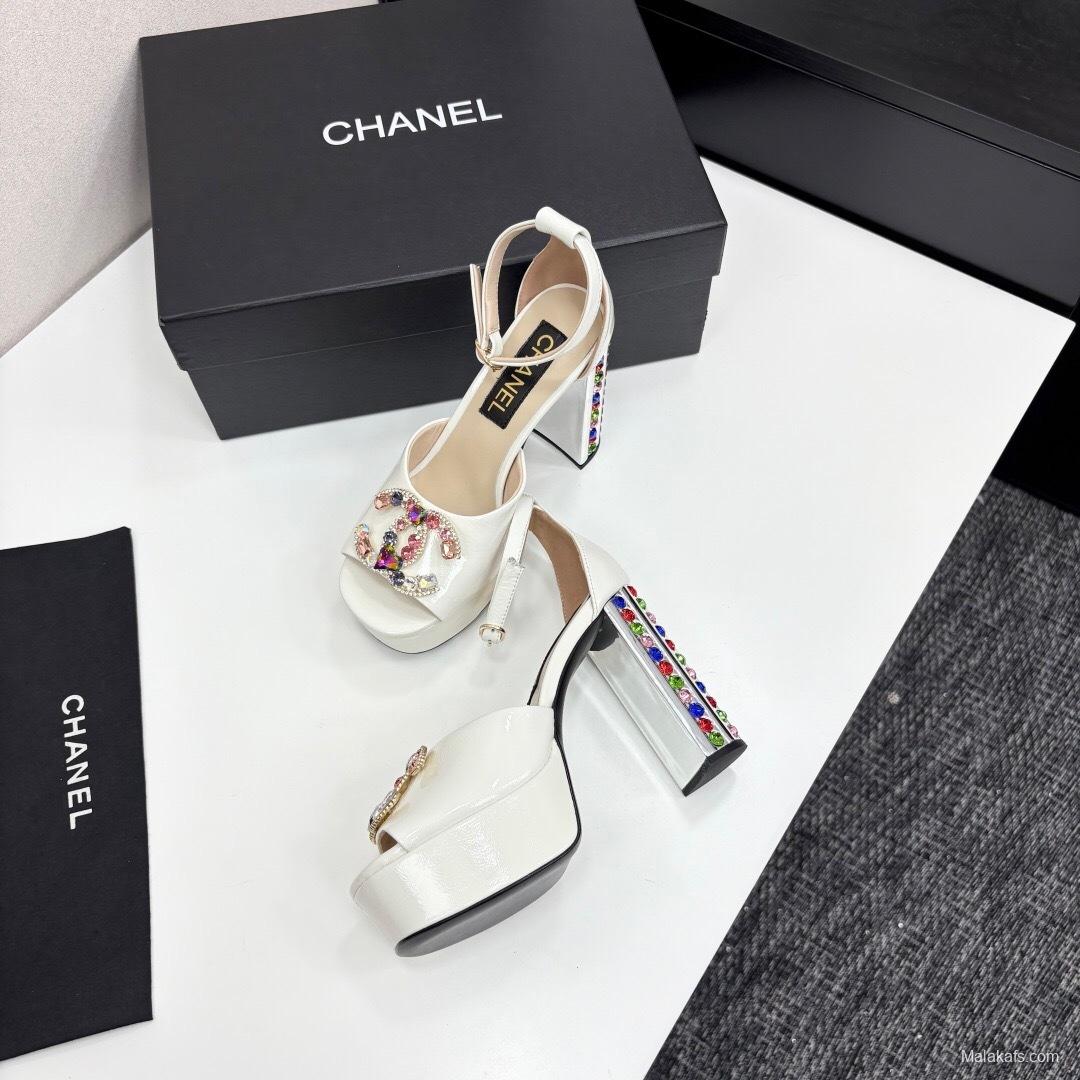 Chanel 2025/SS Glamorous Rhinestone Chunky Heel Platform Strappy Sandals - KFY00350