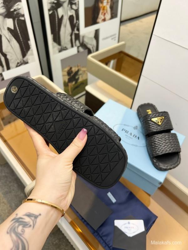 Prada 2025 SS Raffia Handwoven Open-Toe Sandals - KFY00260