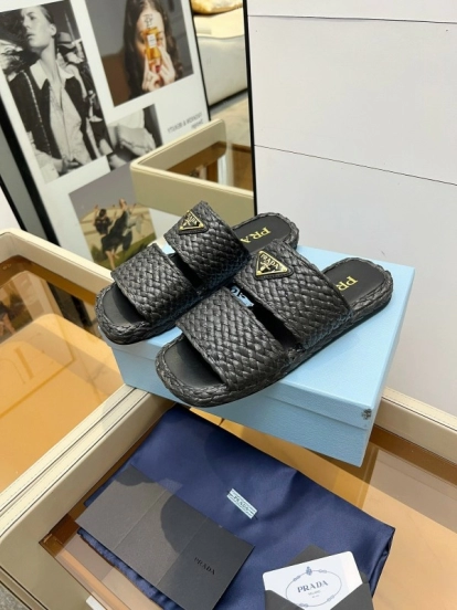 Prada 2025 SS Raffia Handwoven Open-Toe Sandals - KFY00260
