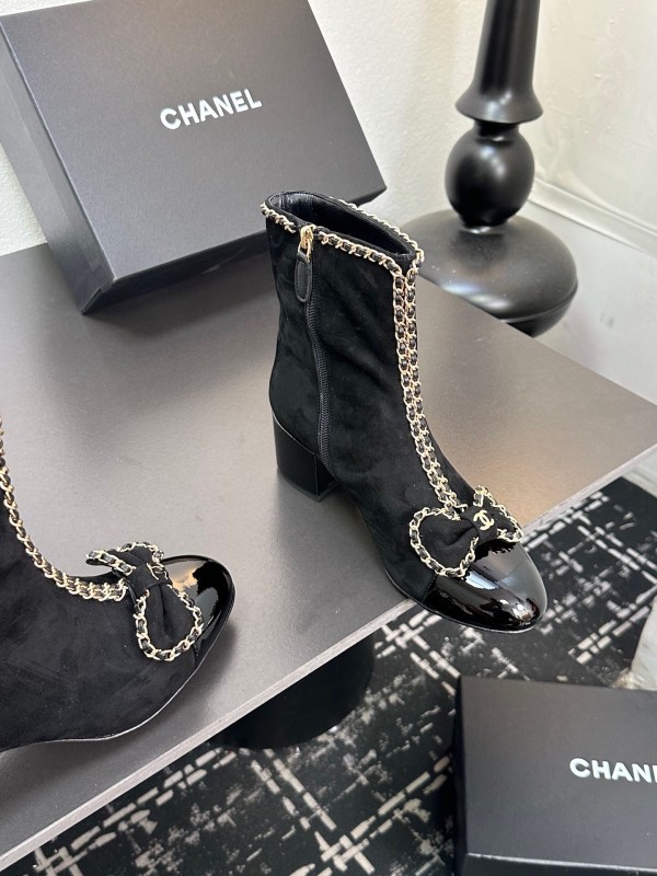 Chanel 2025 SS Chain Bow Chunky Heel Ankle Boots - LY00370