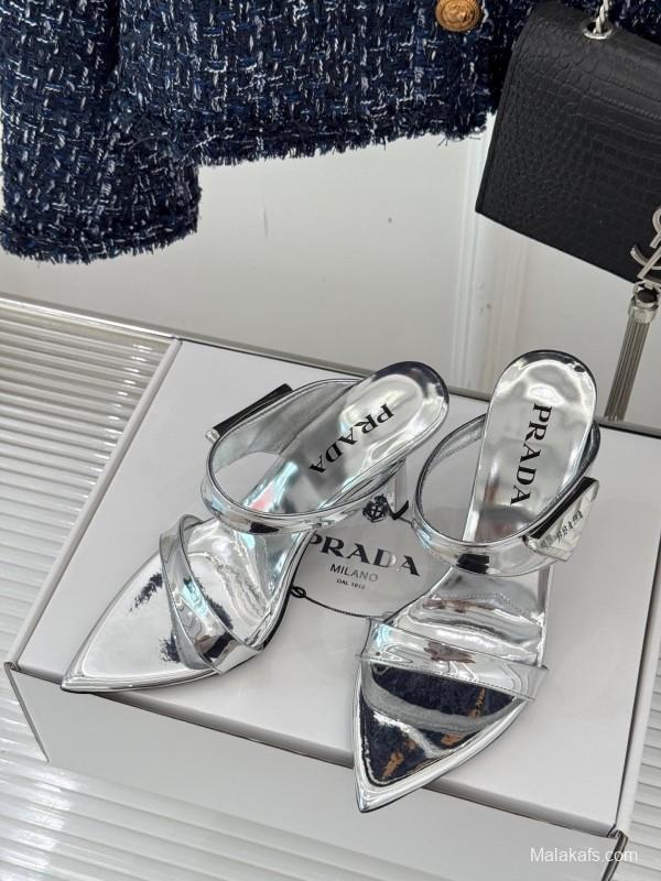Prada Pointed Toe High Heel Sandals with Triangle Buckle - KFY00280