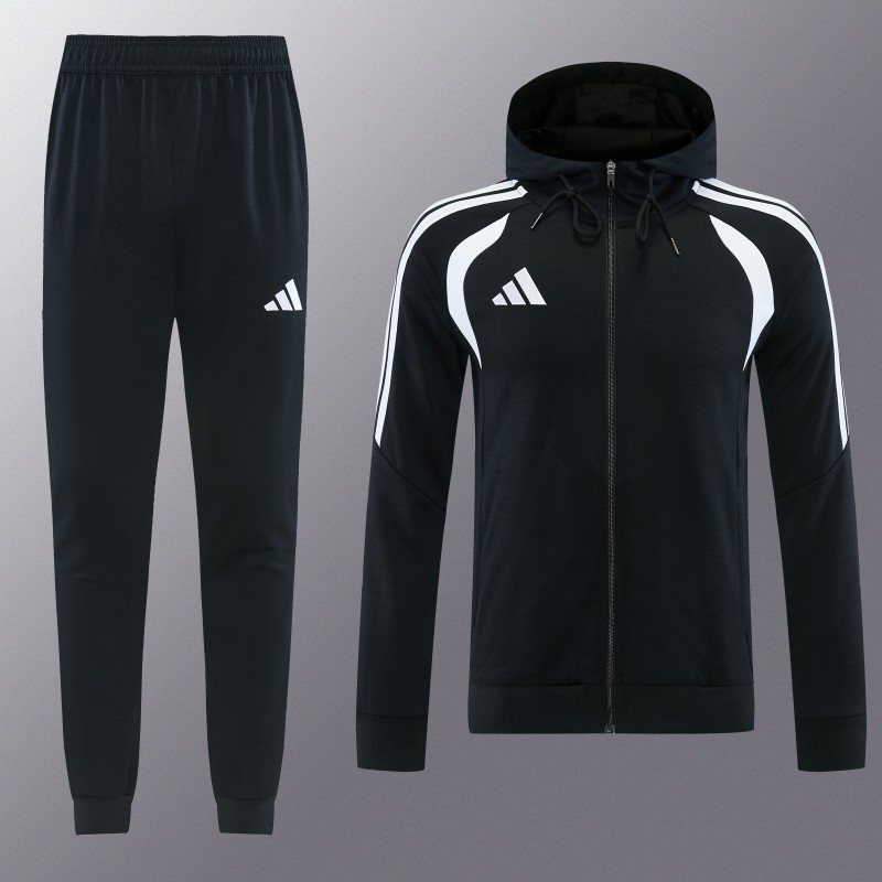 26/27 Adidas M06  Black Full Zipper Hooded Jacket Tracksuit + Long Pants